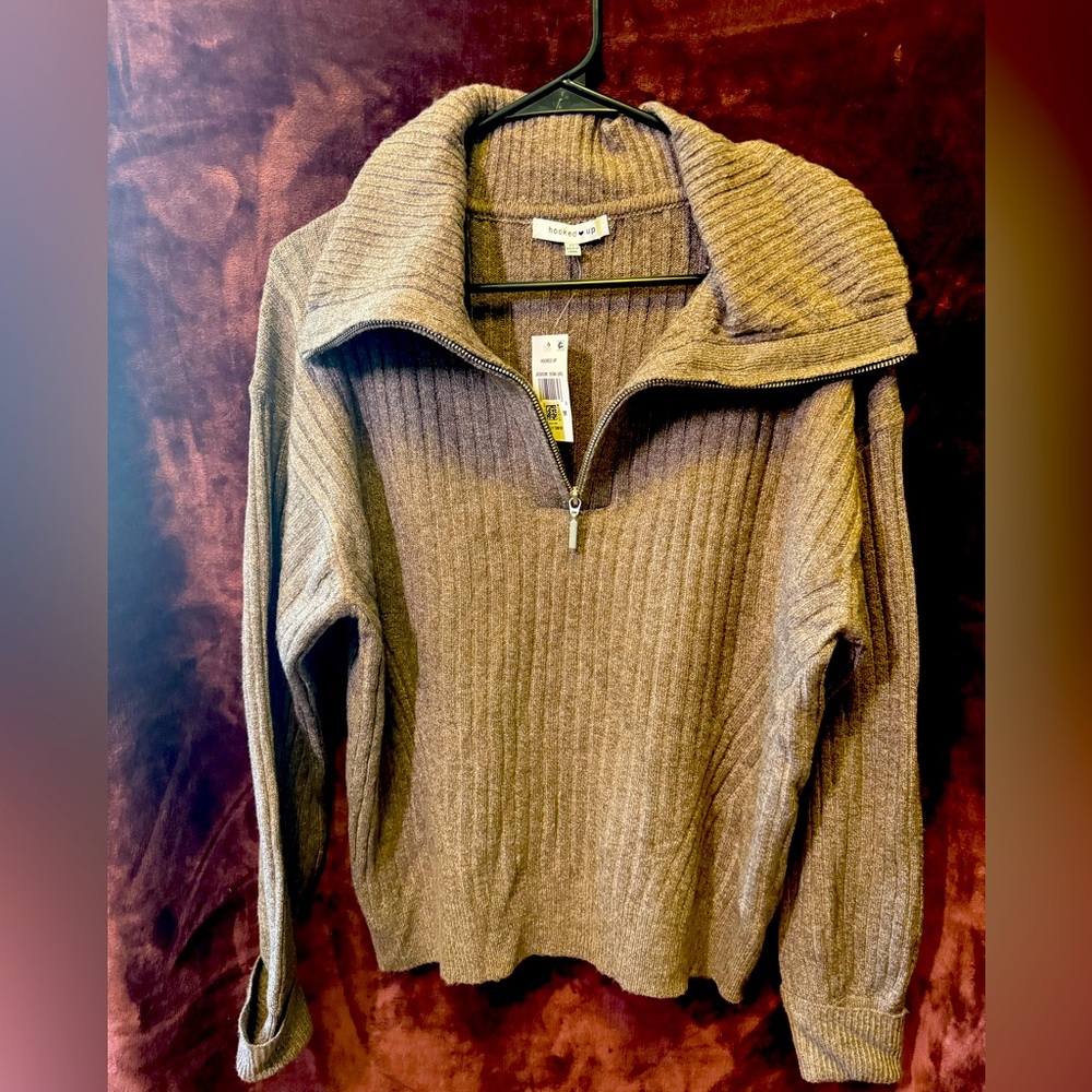 Grey/Brown half zip cowel neck sweater